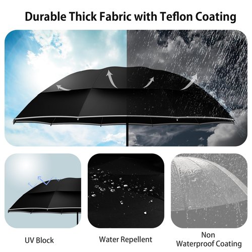 Urvoix Compact Golf Umbrellas Windproof, Travel Umbrella for Rain, 10 Ribs Aluminum Alloy & Fiberglass w/Reflective Stripe, Double Canopy Automatic Anti-bounce Close (Black)