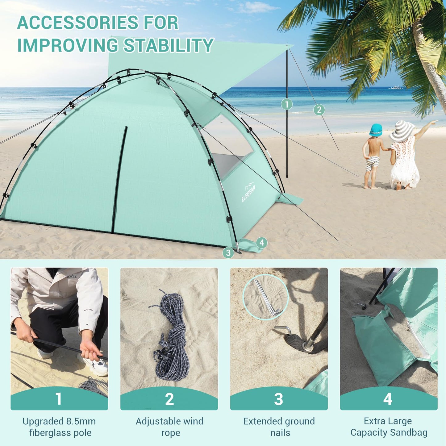 Elegear CumbreX™ Beach Tent Sun Shelter with Canopy, 6-8 Person Pop Up Beach Tent, Easy Setup UPF 50+ UV Protection Portable Lightweight Double Silver Coating Cabana Sun Shade Shelter - Green