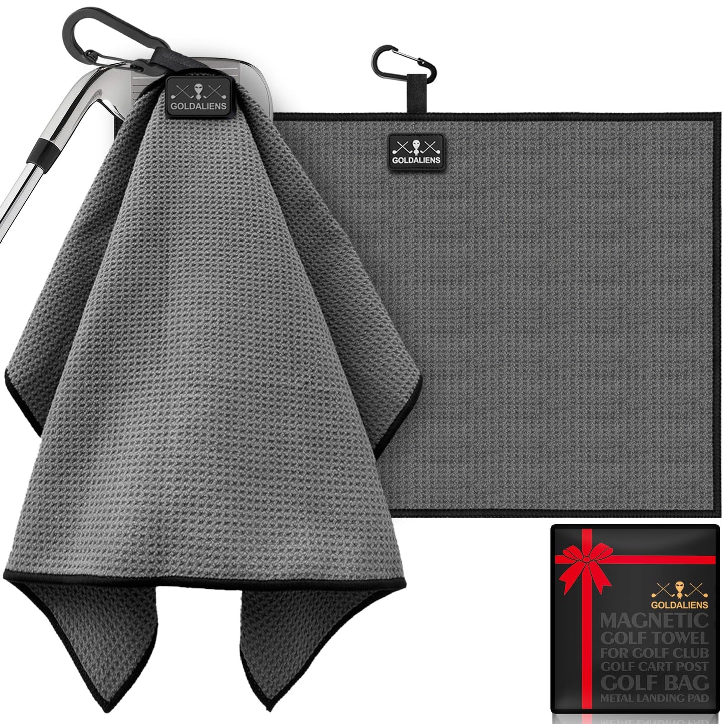 GOLDALIENS Magnetic Golf Towel for Men and Women with Clip,Printed Microfiber Waffle Design,Super Magnets Attached to Metal Landing Pads for Golf Carts, Clubs and Golf Bags, for Golfers