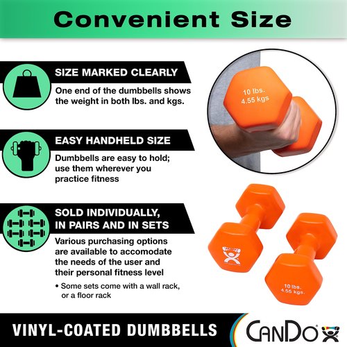 CanDo Vinyl Coated Dumbbells Pair Green 3 lb 2pc Handheld Weights for Muscle Training and Workouts, Color Coded Anti-Roll Home Gym Equipment, Beginner and Pro