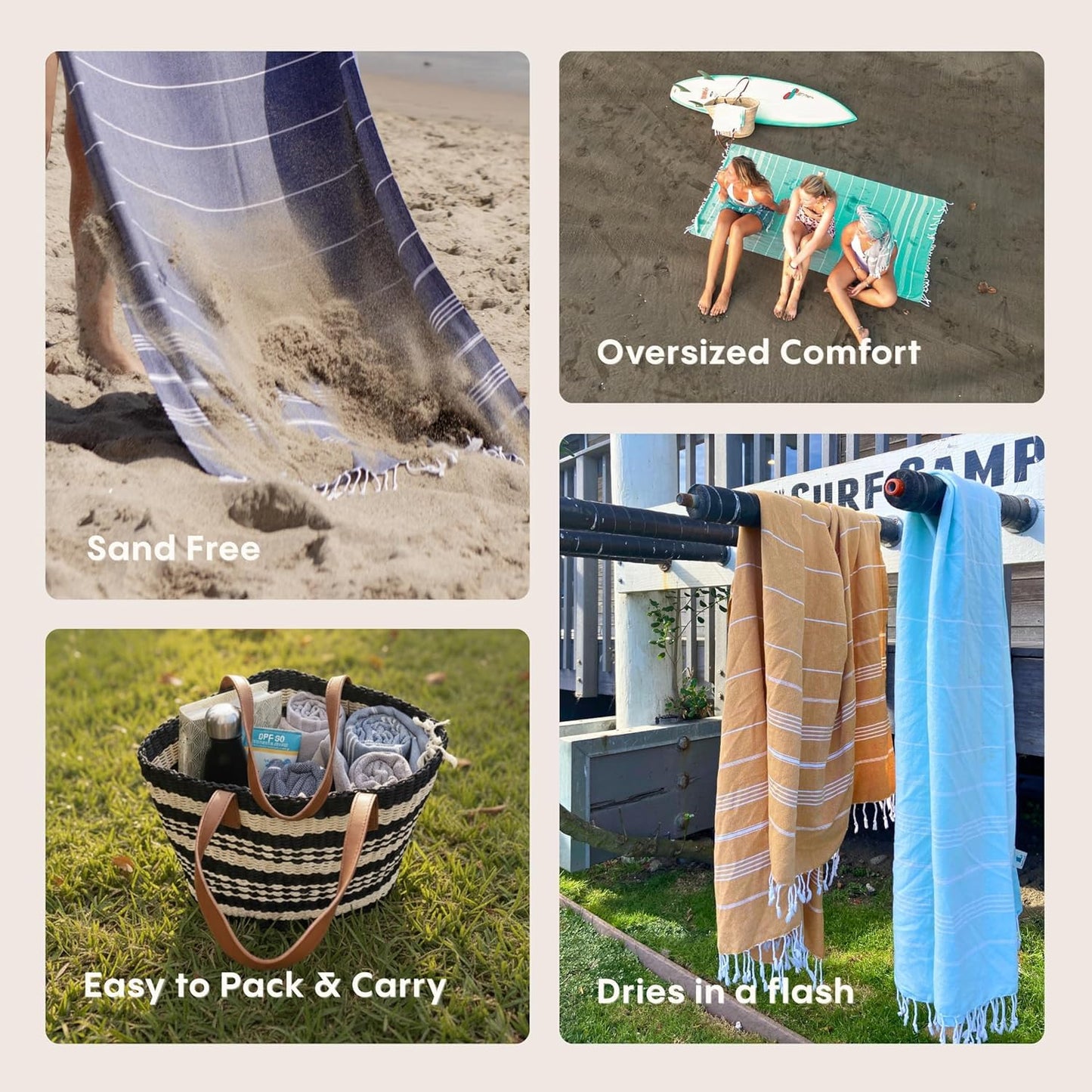 9Threads Cotton Turkish Beach Towel with Towels Oversized 36"x72" Pool Absorbent Extra Large Quick Dry Sand Travel Towel (Coastal, 4 Pack)