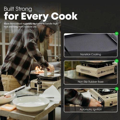 GasOne GS-3400P-KIT Propane or Butane Gas Stove with Flat Top Griddle Included – Dual Fuel Propane Grill Tent Stove Burners for Cooking for Camping, Kitchen – Diecast Aluminum with Non Stick Coating