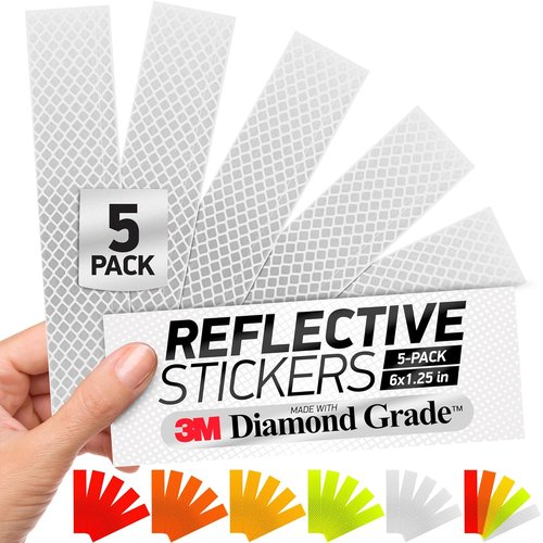 3M Diamond Grade Reflective Stickers - White Safety Tape | 1.25″ x 6″ | 5-Pack for Helmets, Cars & More