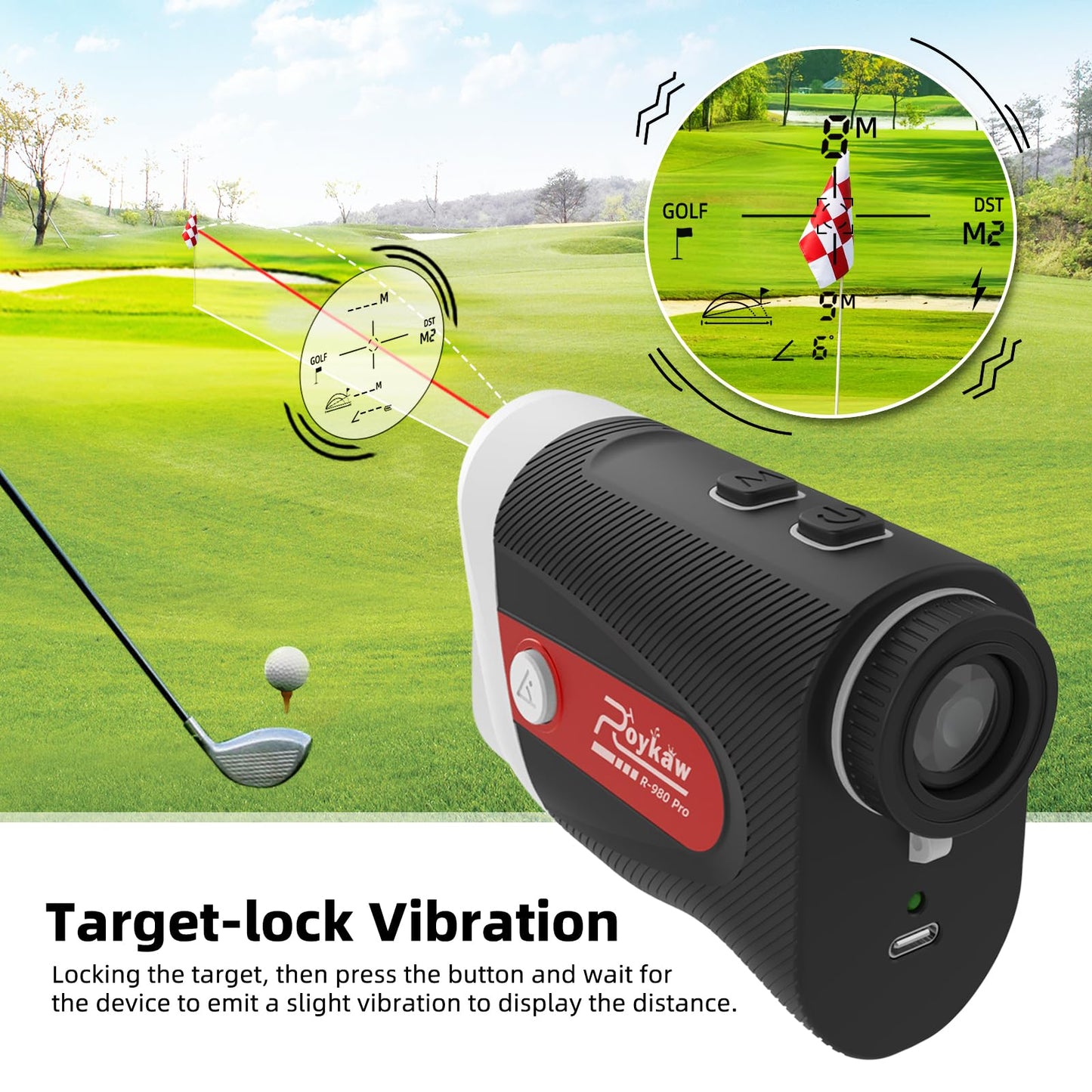 Roykaw Range Finder Golf Rangefinder with Slope, 1200 Yards Laser Range Finder, Rechargeable Range Finders for Golf/Hunting,7X Magnification,Flag Pole Lock Vibration, Self w/Magnet, Waterproof