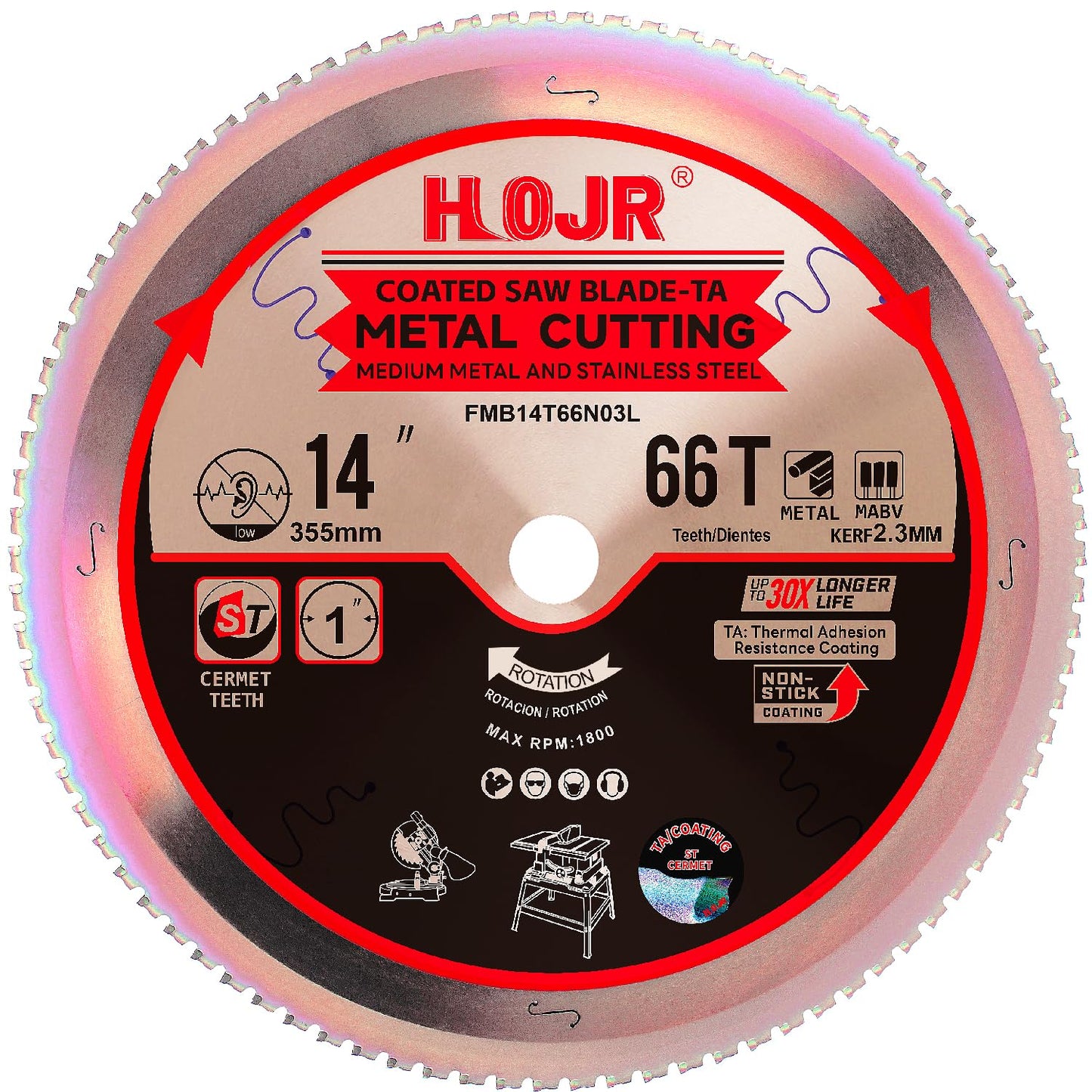 HOJR Metal Cutting Circular Saw Blade, Steel and Stainless Steel Cutting, The Cutting Head uses a Special Anti-Heat Sticking Coating with high Finish and Long Life,FMB 14 inch 66-Tooth 1" -TA