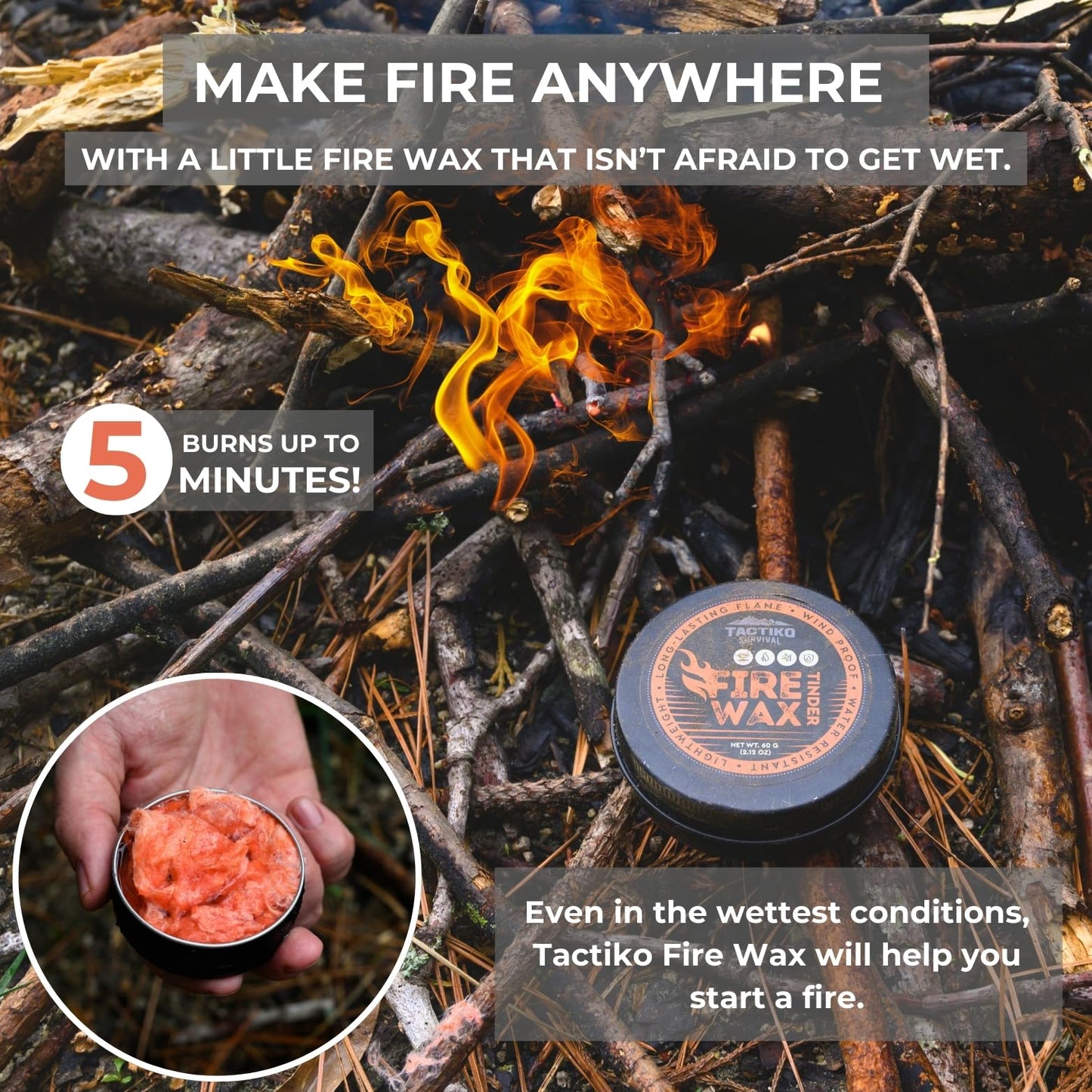 Tactiko Camping Fire Starter – Waterproof Survival Fire Starter for Wet Wood & Emergency Kits – 5 Minute Burn Time, 50 Uses, 60g – Lightweight Campfire Accessory for Hiking & Backpacking (1-Pack)