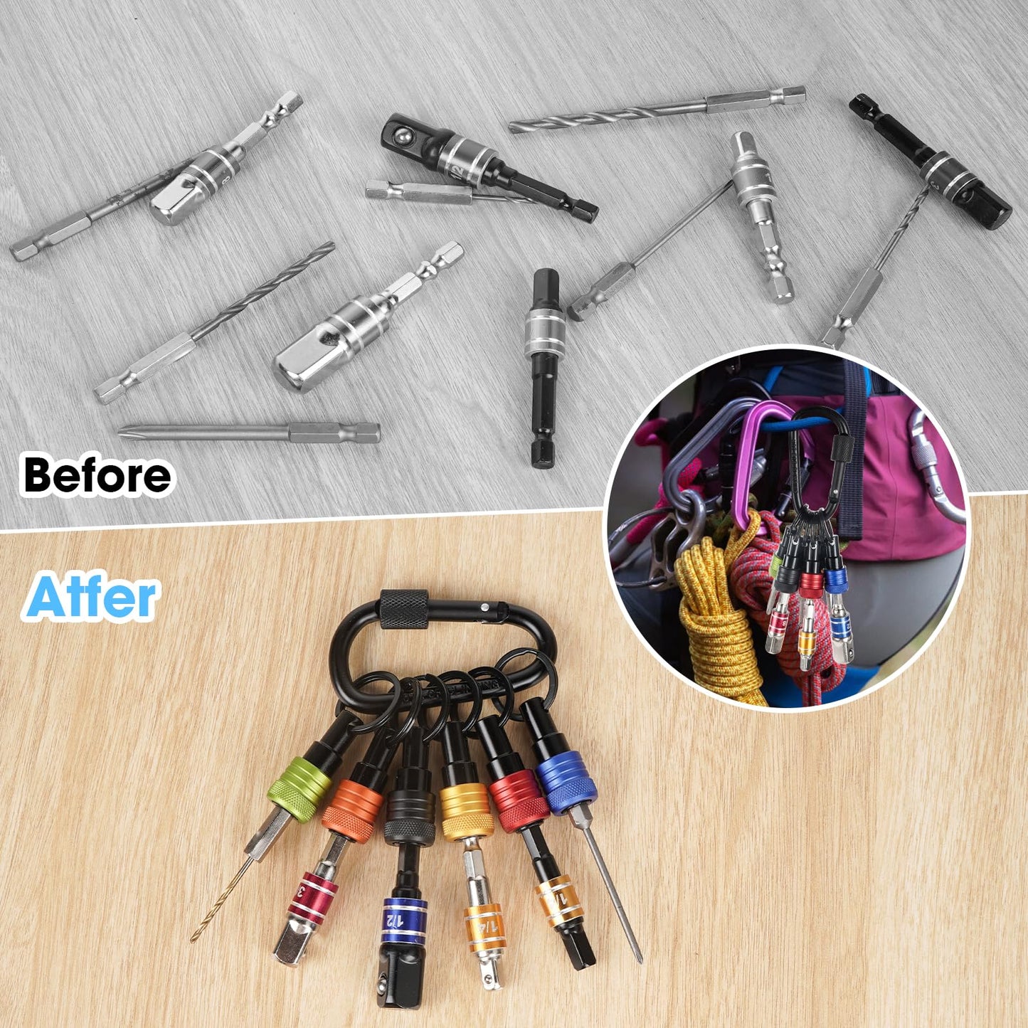 FACAINCXS Upgraded 6PCS Bits Holders Keychain, 1/4 inch Hex Shank Bit Holders, Quick-change Design for Nut Driver, Screwdriver & Drill Bits, Include Keychain Carabiner Gifts for Men (Black)