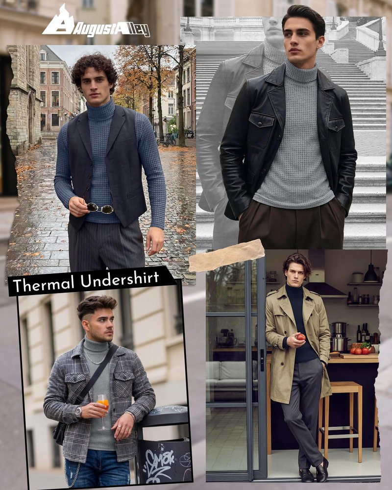 August Alley 3 Pack Men's Waffle Turtleneck Long Sleeve Shirts Slim Fit Pullover Sweater Thermal Undershirt Soft Base Layer(Navy Blue, Gray, Haze Blue,Large)