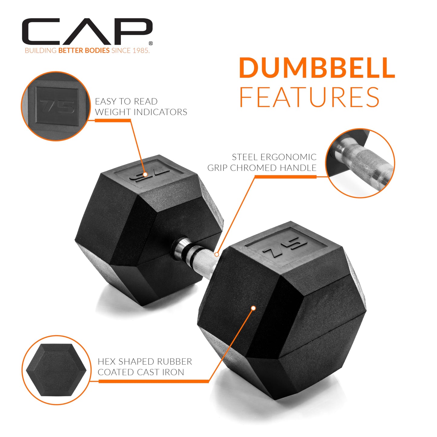 CAP 75 LB Rubber Coated Hex Dumbbell Weight, Rubber Free Weights for Home Gym Strength Training, Chrome Handle, Pair