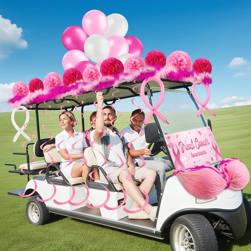 Soulchen 67 Pcs Breast Cancer Awareness Golf Cart Decoration Breast Cancer Pink Ribbon Flag Banner Balloon Swirls Tablecloth Fur Strips Trim Paper Flower for Golf Cart Party (Ribbon Pattern Banner)