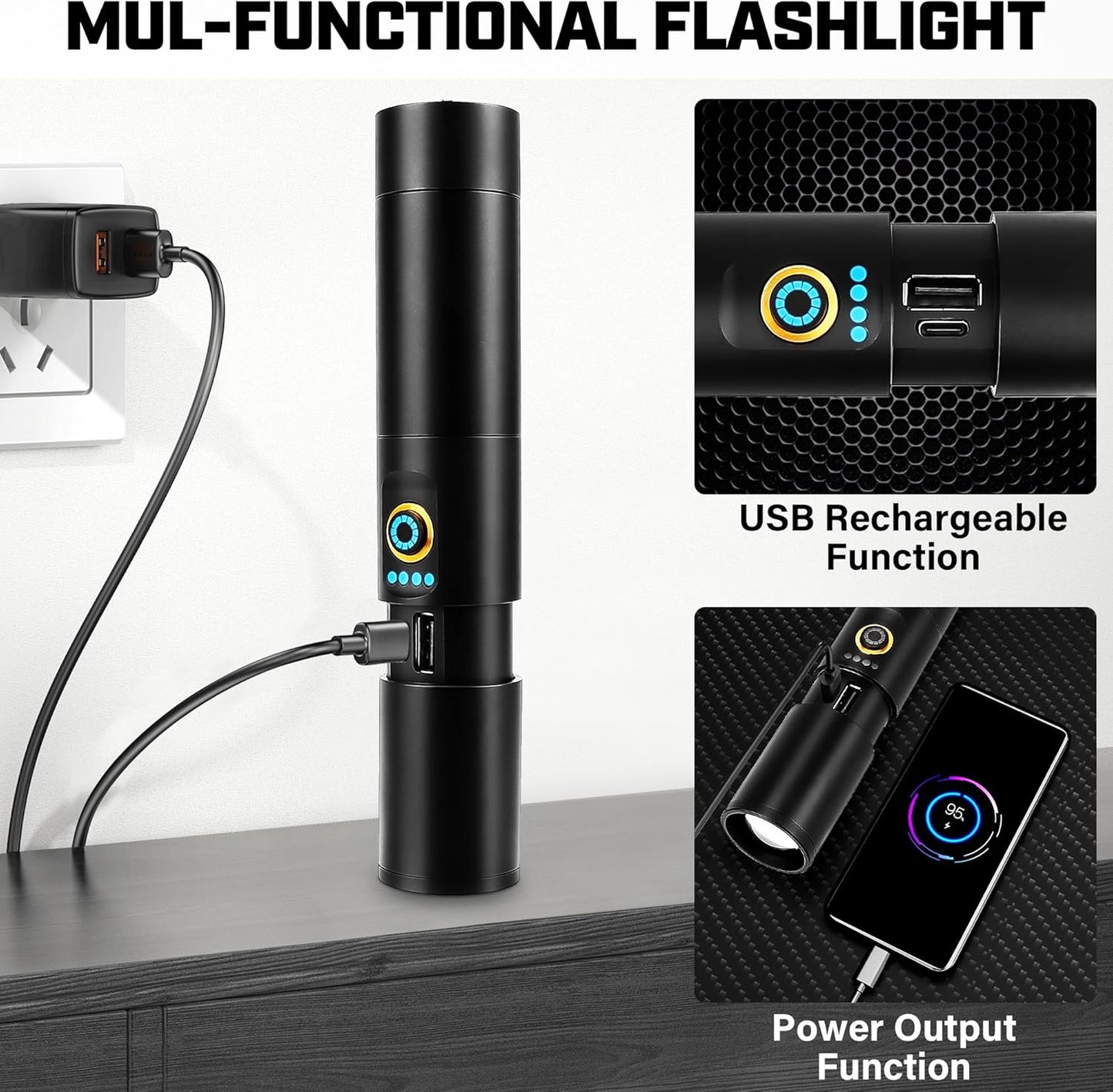 Skiennix Rechargeable Flashlight - 2000 Lumen Super Bright LED | 5 Modes for Camping & Emergency Use