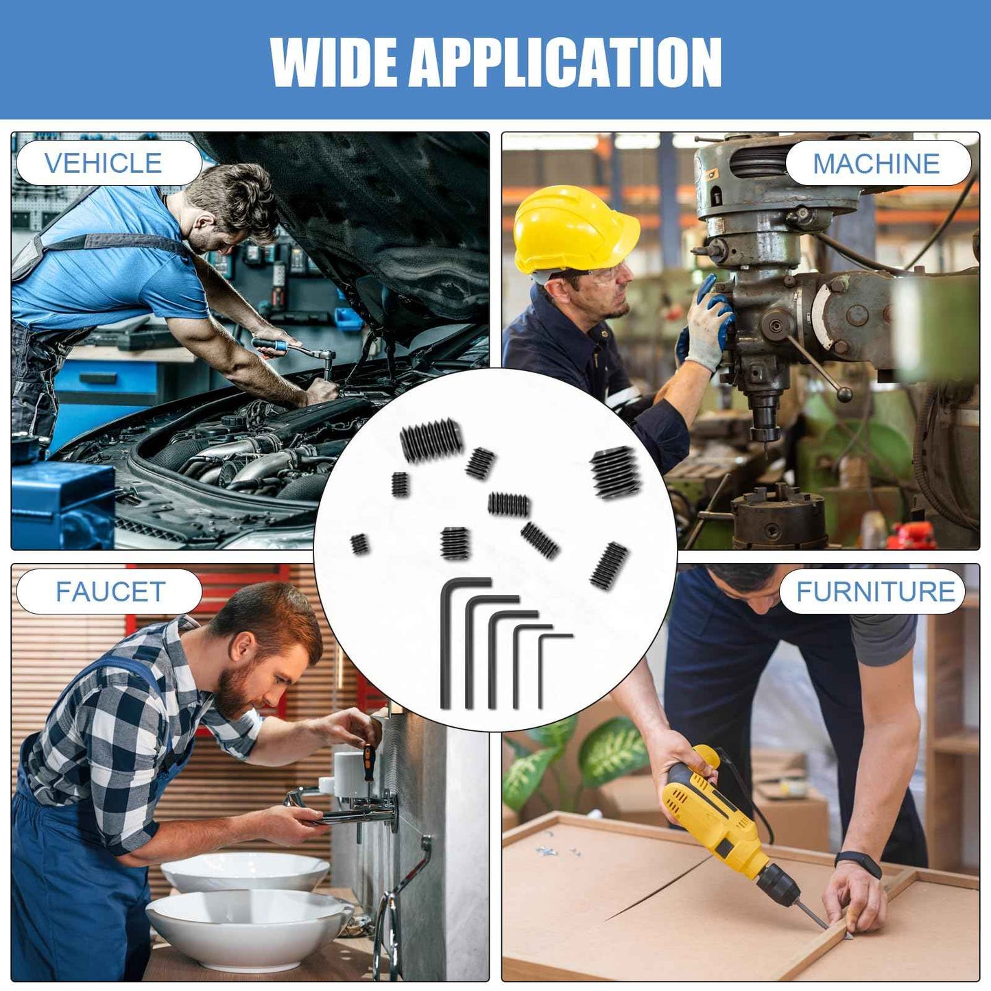 1145PCS 25 Sizes Metric & SAE Set Screw Assortment Kit,12.9 Class Alloy Steel Internal Hex Drive Cup-Point Set Screws Assortment Kit with 10 Hex Wrenches, M3 to M8 and 1/8-40 to 5/16-18