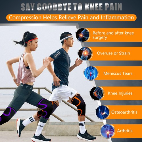 Herokoo 2 Pack Knee Braces for Running Knee Pain, Compression Knee Brace for Women & Men, Knee Sleeve, Sports Knee Braces for Meniscus Tear, ACL & Arthritis Pain Relief (Black, Large)