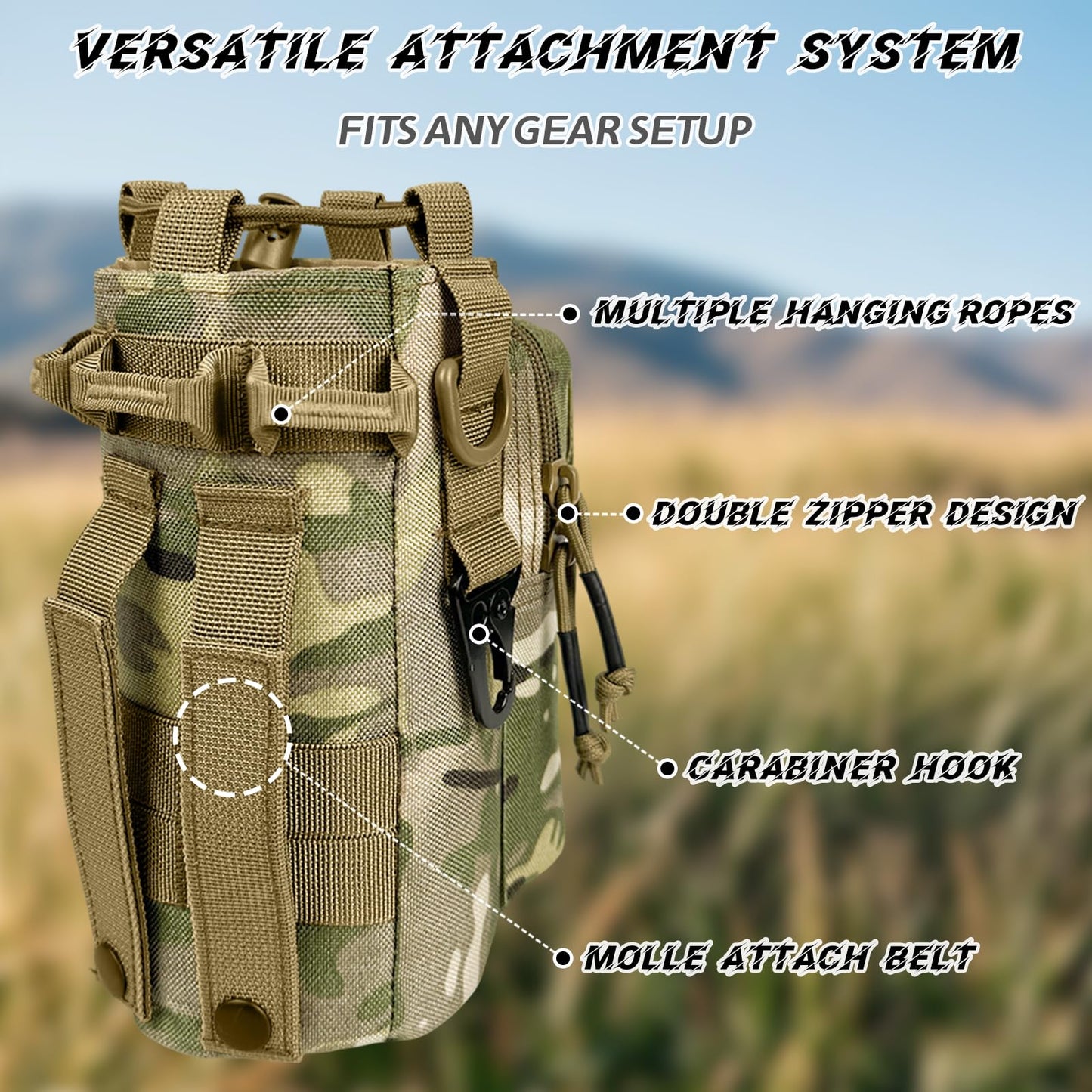 Water Bottle Holder with Strap - Tactical Insulated Water Bottle Sleeve with MOLLE System for Backpack Military Camo Cross-Body Pouch for Walking Hiking Camping Gym 32oz&40oz