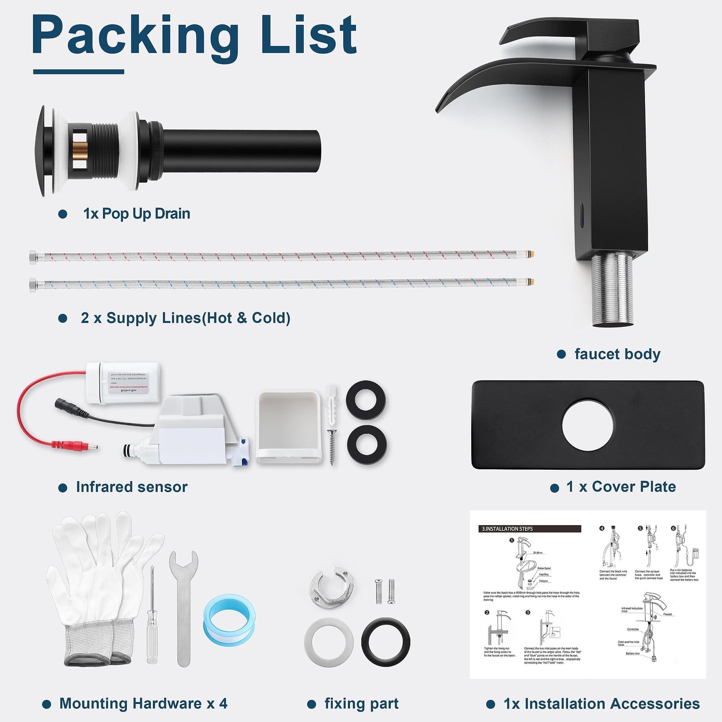 Touchless Bathroom Sink Faucet, Herogo Automatic Sensor Matte Black Waterfall Stainless Steel Bathroom Faucet with Brass Pop Up Drain for Vanity RV Lavatory Farmhouse