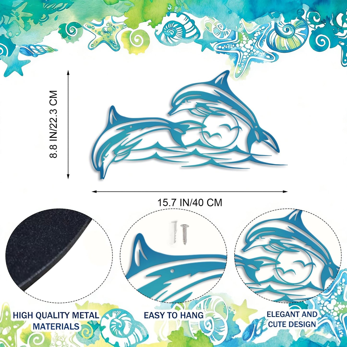 Resama Dolphin Metal Wall Decor – Nautical Wall Sculpture for Bathroom and Home – Durable Marine Animal Art, Ocean Fish Wall Hanging, Dolphin Wall Art, Coastal Decor & Unique Gift Idea (Blue)