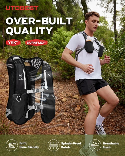 UTOBEST Running Vest, 5L Hydration Vest Lightweight, Breathable and Sweatproof Running Backpack, Adjustable for Trail Marathon Race Jogging Cycling Black (Vest Only)