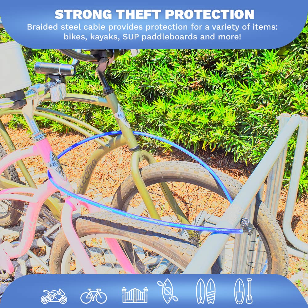 DocksLocks Weatherproof Straight Security Cable Lock (5ft to 25ft Lengths) with Resettable Combination, Anti-Theft Protection for Kayak, Bike, Paddleboard, Scooter, Equipment, Bicycles and More 5ft