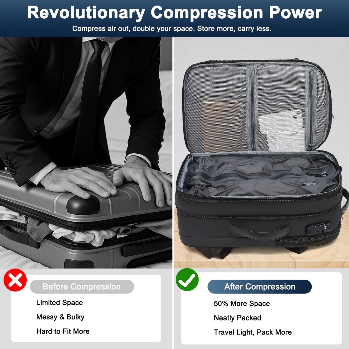 POSO P Vacuum Backpack Travel, 60L Expandable Vacuum Seal Compression Vacpack Back pack with Pump, Backpack with Vacuum System Water-Resistant Business Carry-On Vacuum Travel Backpack for Men