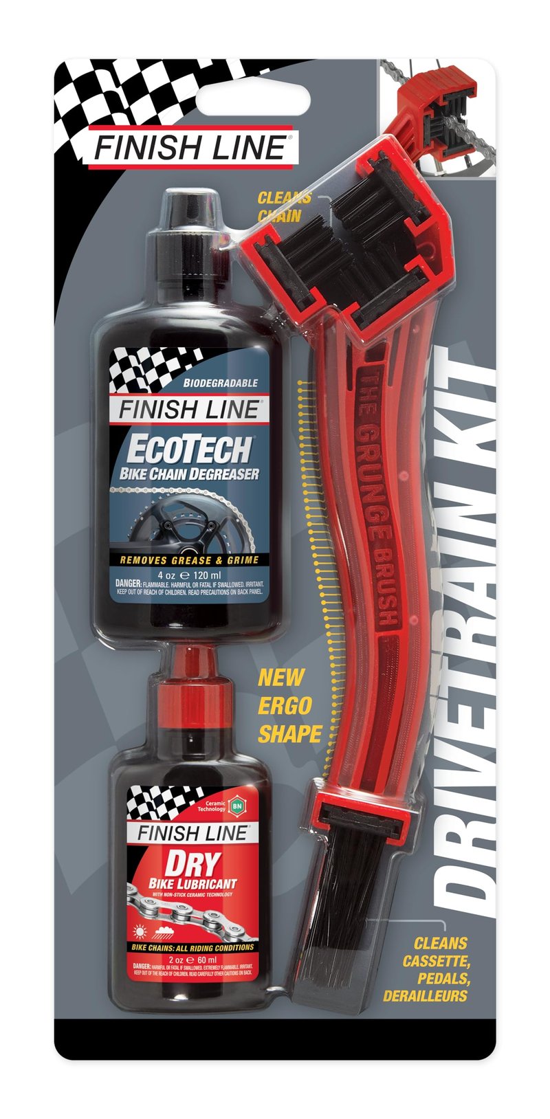 Finish Line Drivetrain Kit for Bicycles, Includes Grunge Brush, 2oz Dry Lube, 4oz EcoTech Degreaser, Complete Bike Cleaning and Lubrication System for Chains, Cassettes, and Drivetrain Components