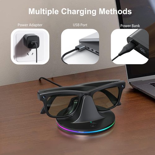 BLUZOVR Charging Dock for Ray-Ban Meta Smart Glasses,Charging Station Compatible with Wayfarer, Skyler, Headliner & Oakley HSTN,Smart Glasses Accessories with LED Indicator,Ambient Lighting,Black