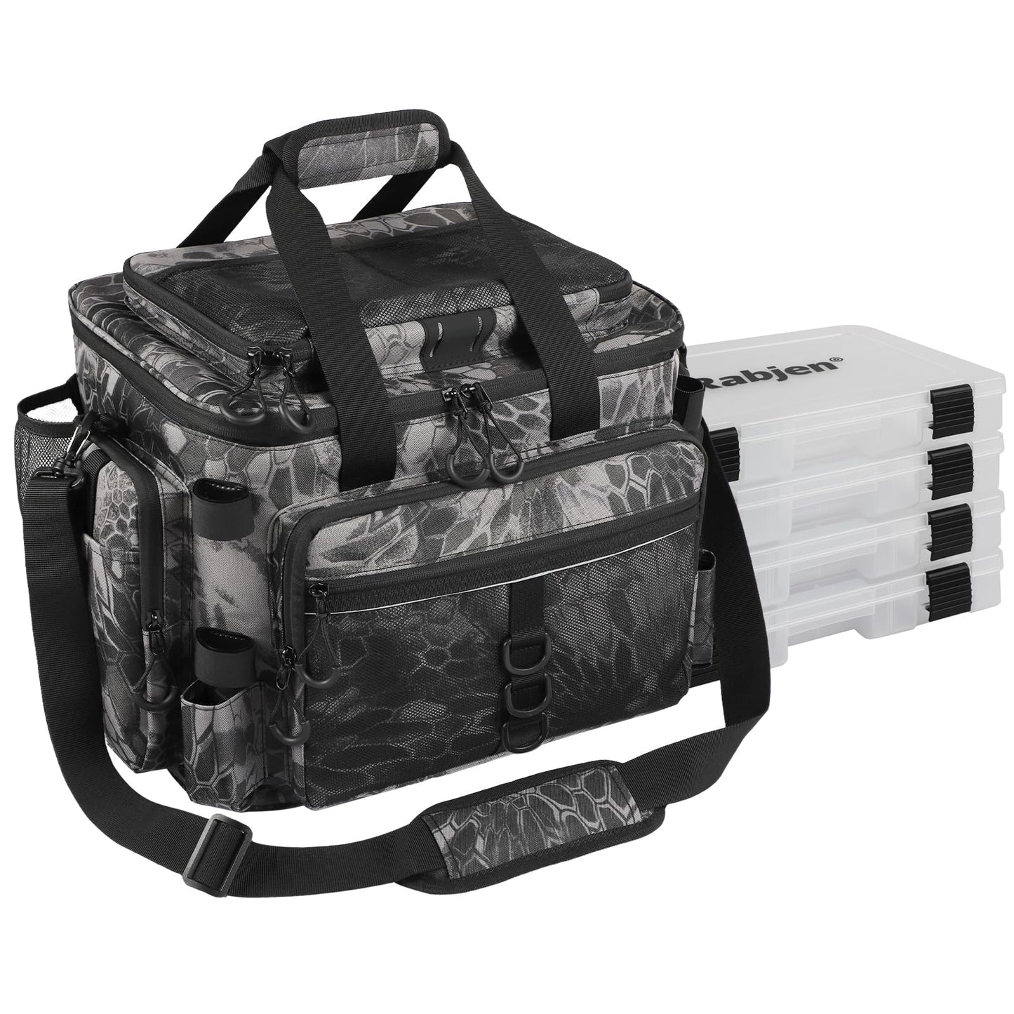 Rabjen Fishing Tackle Bag with Rod Holders & Cooler Main Compartment – Large Capacity Fishing Bag for Organized Gear Storage