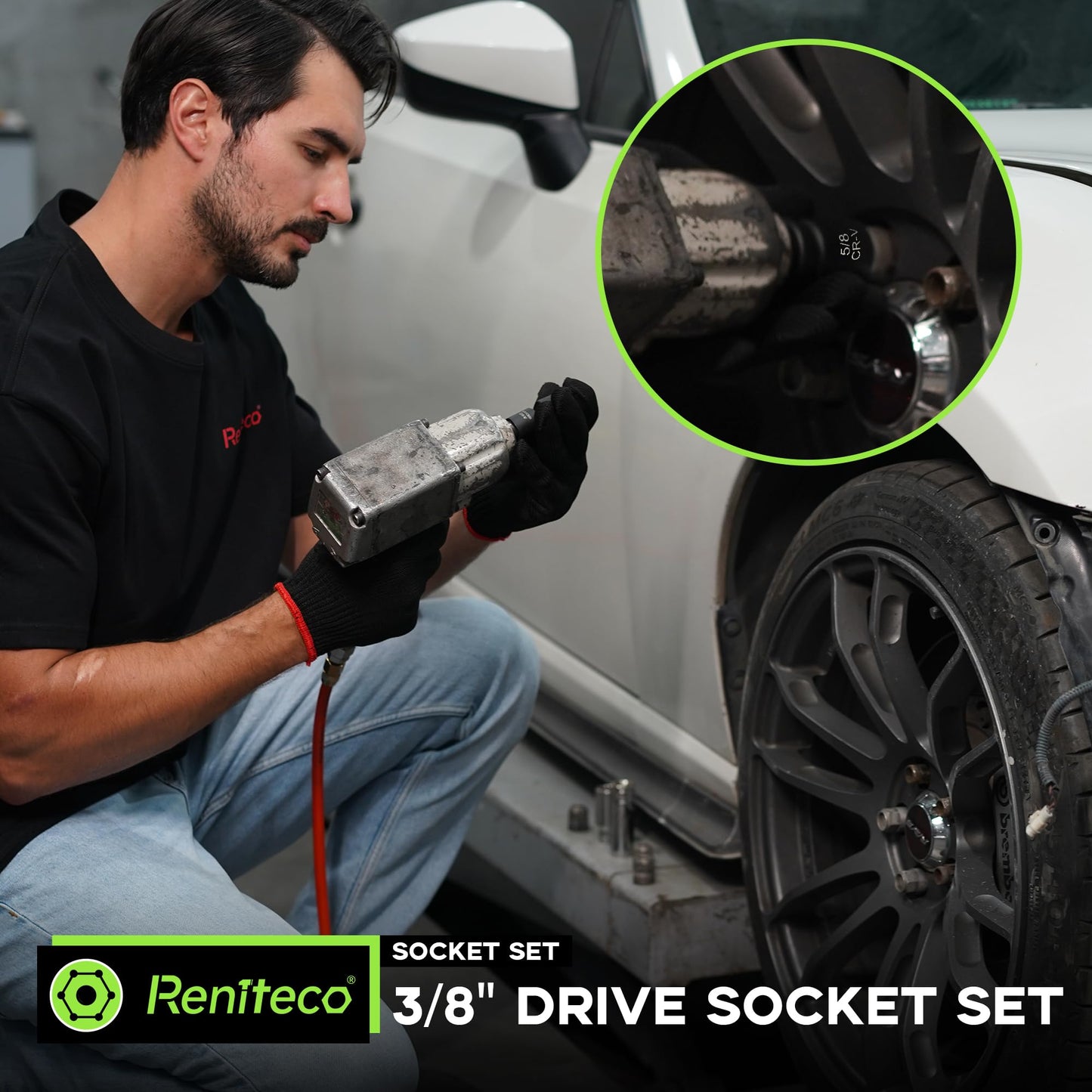 Reniteco 95-Piece 3/8" Socket Set, SAE (5/16"-3/4") & Metric (8mm-22mm), Ratchet Handle, Extension Bar, Adapter, Universal Joint, Power Drill Adapter, Screwdriver Bit, Spark Plug Socket