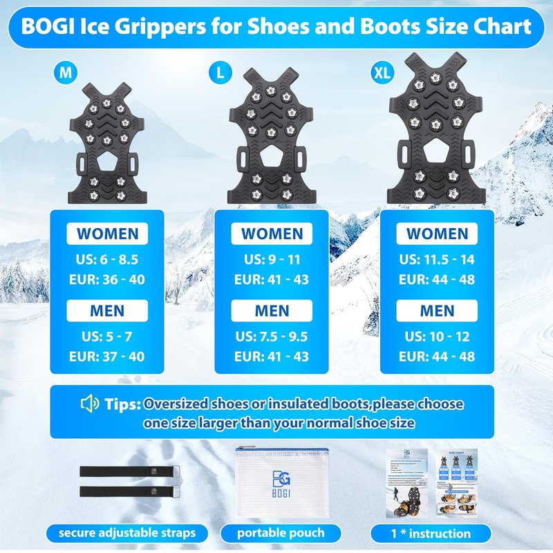 BOGI Crampons, Ice Cleats for Shoes and Boots with 12 Stainless Steel Spikes Non-Slip Ice Shoes Grippers Traction Cleats for Snow Ice, Winter Hiking, Walking, Fishing, Climbing for Women Men Kids