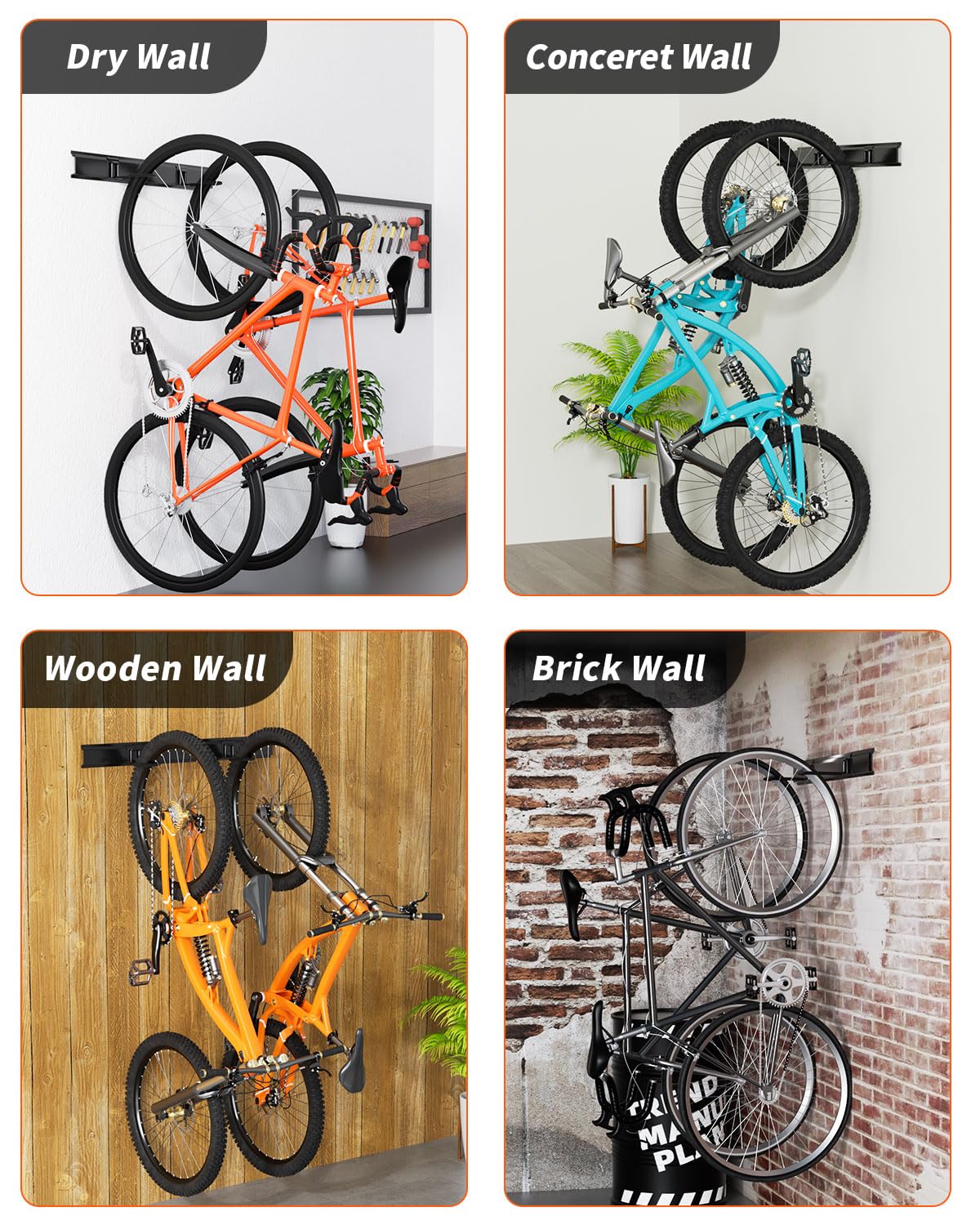 Wallavant Bike Rack Wall Mount, Bike Hooks for Garage Storage,Vertical Bike Hanger for Indoor Use, Holds Up to 300 lbs, Adjustable Hook System with 4 Hooks and 3 Rails,48 Inches, Black