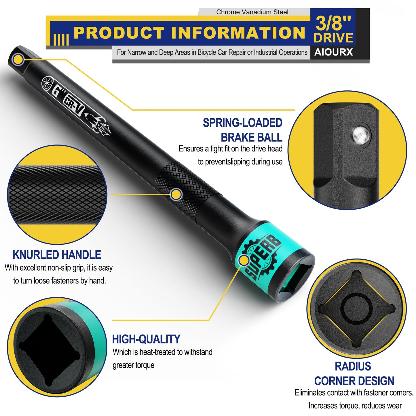 Aiourx 3/8" Drive Impact Extension Bar Set, 3 Pcs Socket Extensions Sets, 3" 6" 10" Length, CR-V Steel, Narrow and Deep Areas in Bicycle, Car Repair or Industrial Operations