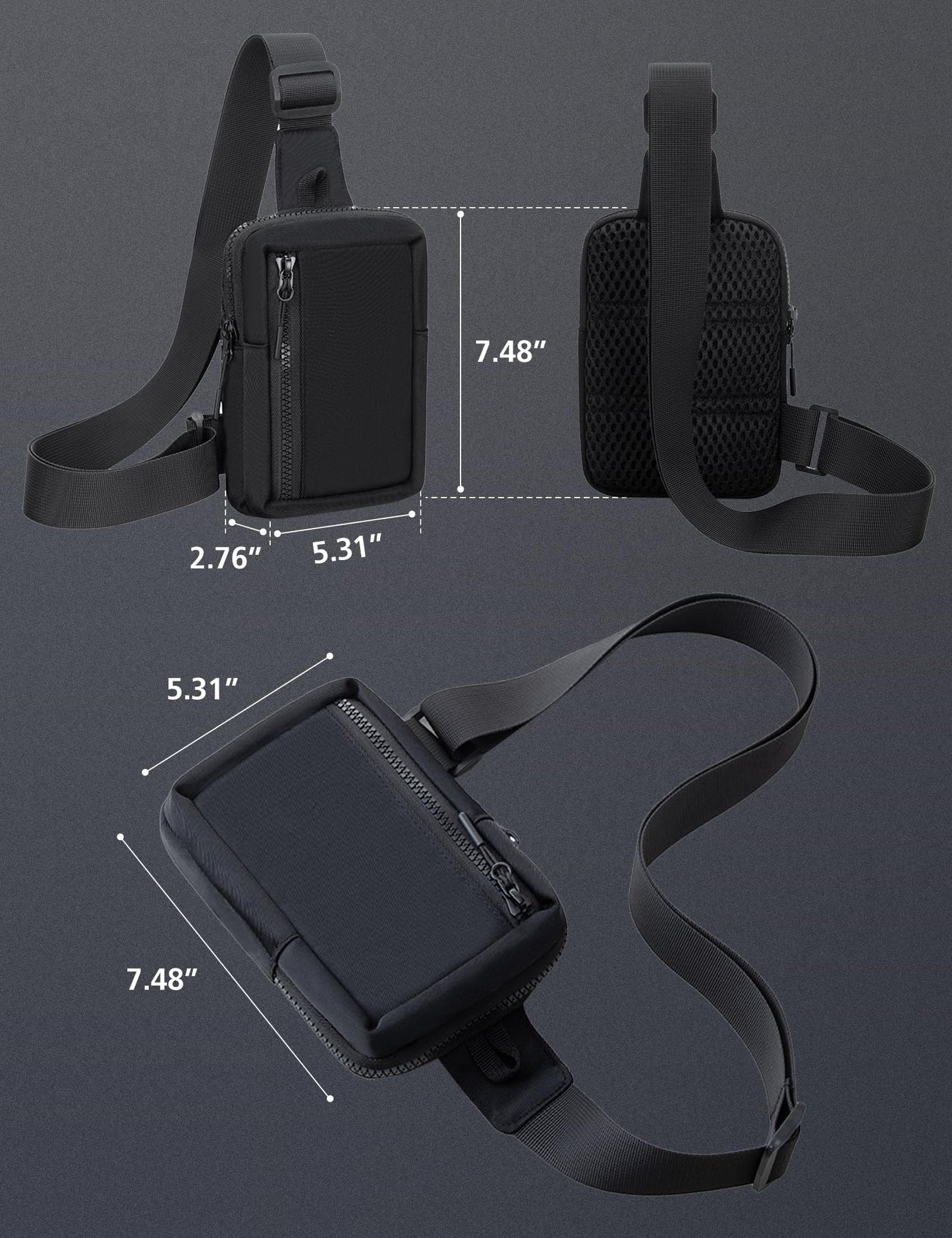 Peicees Mini Sling Bag for Men Women Crossbody Bag Travel Running Phone Daypack Shoulder Bags, Black