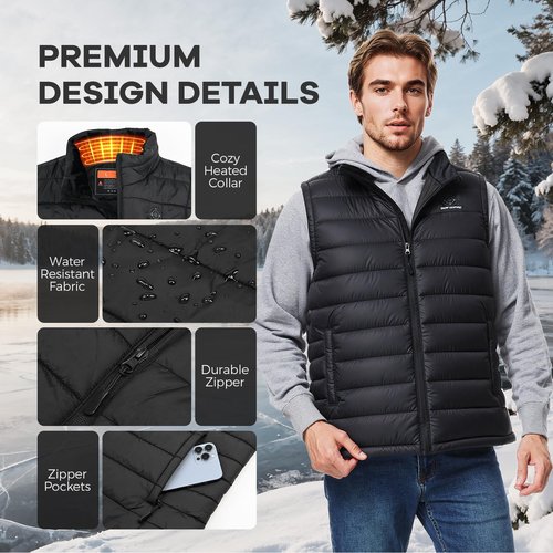 SNOW LEOPARD Heated Vest for Men with Battery Pack Included, Mens Heated Vest Rechargeable Men's Electric Vest for Hiking/Golfing/Hunting, Large, Black