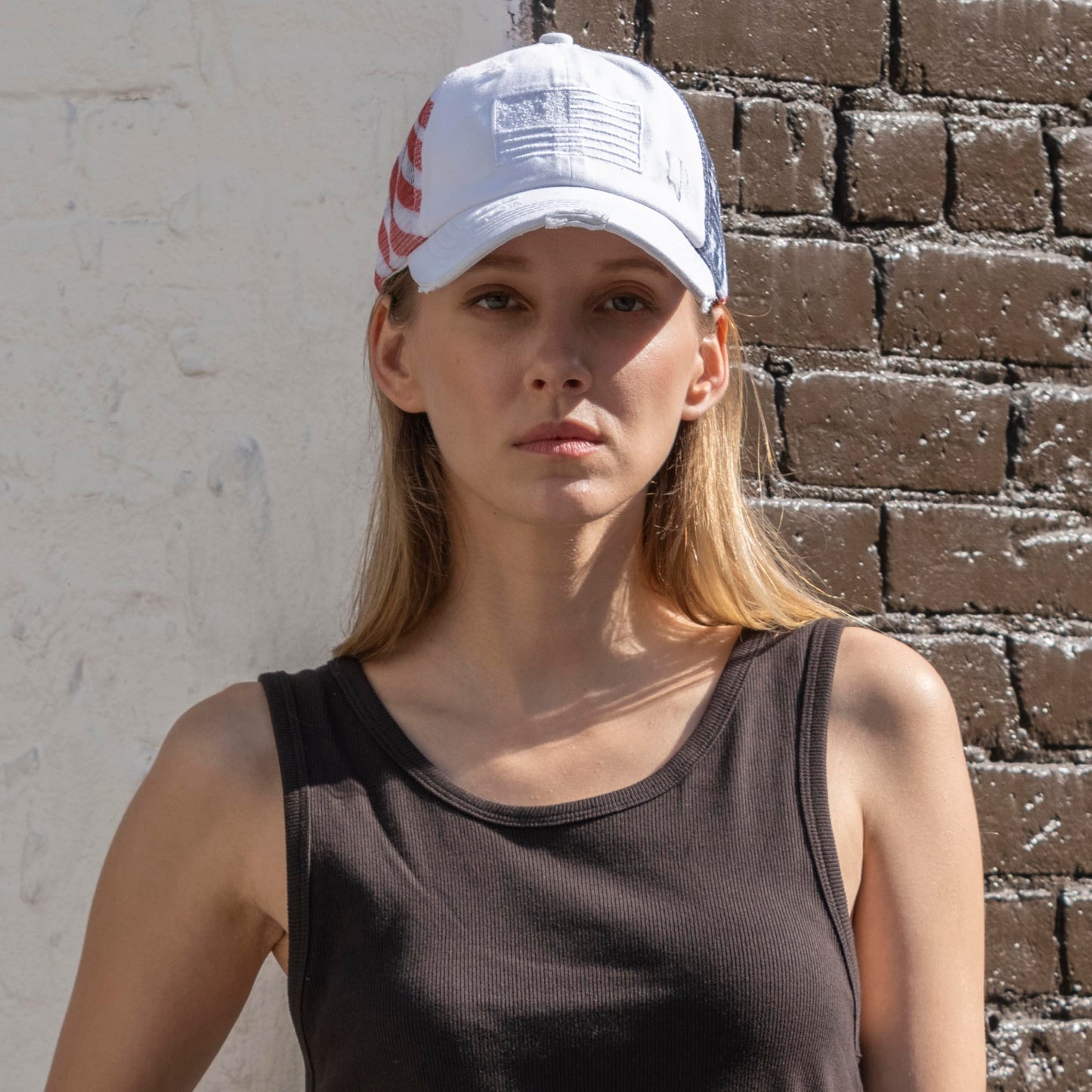 C.C Women's Criss-Cross Ponytail Baseball Cap – Embroidered Cotton Front, American Flag Mesh Back, Adjustable Velcro (US, Alpha, One Size, White)