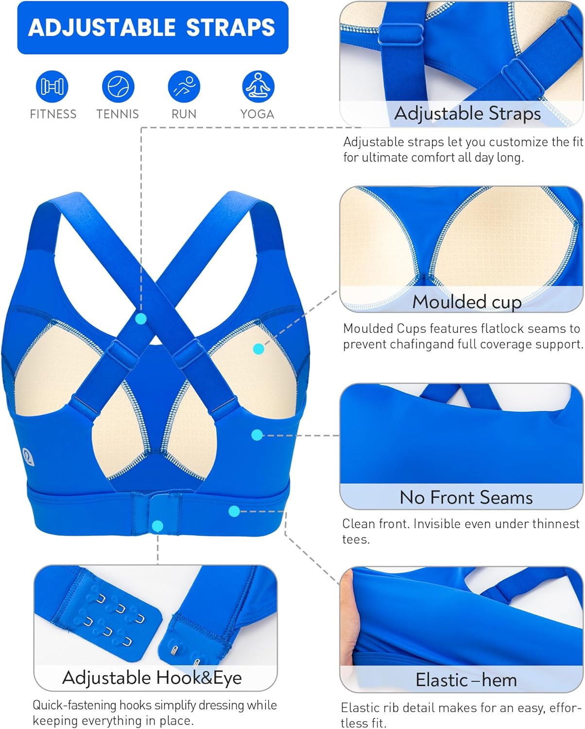 RUNNING GIRL High Support Sports Bras for Women - Adjustable Straps & Sewn-In Pads, Comfortable Fit