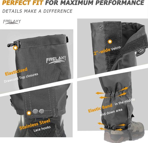 Frelaxy Ultra High-Performance Leg Gaiters - 100% Waterproof Hiking Gaiters with Adjustable Rubber Foot Strap