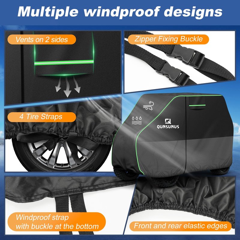 QUNSUNUS Waterproof Golf Cart Cover 2/4/4+2 Passenger, Universal Fit for Yamaha, Honda, Club Car, EZGO and Most Brands, Heavy Duty 6 Seater Golf Cart Cover with Zipper and Straps