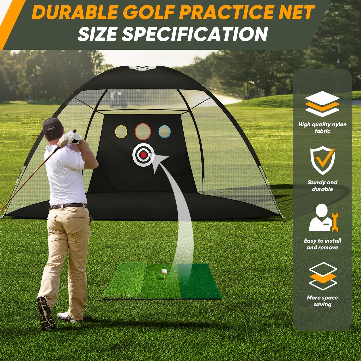 10x7Ft Golf Practice Net, Golf Net for Backyard Driving Real GolfBalls, All in 1 Golf Hitting Nets with Tri-Turf Mat, Impact Target, 10 Balls, 7 Tees, 2 Rubber Tees, Carry Bag