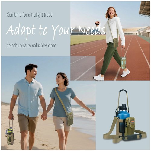 EVOTAUS MOLLE Water Bottle bag - Bottle Holder Carrier Sling with Strap for Walking - Manual Strap Adjustment for Precise Fit of Most 18-64 oz Bottles (Check Size Fit Guide), Khaki