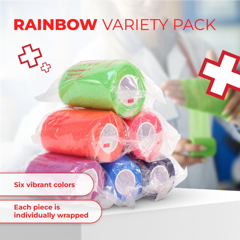 Ever Ready First Aid Self Adherent Cohesive Bandages 3" x 5 Yards - 12 Count, Rainbow Colors