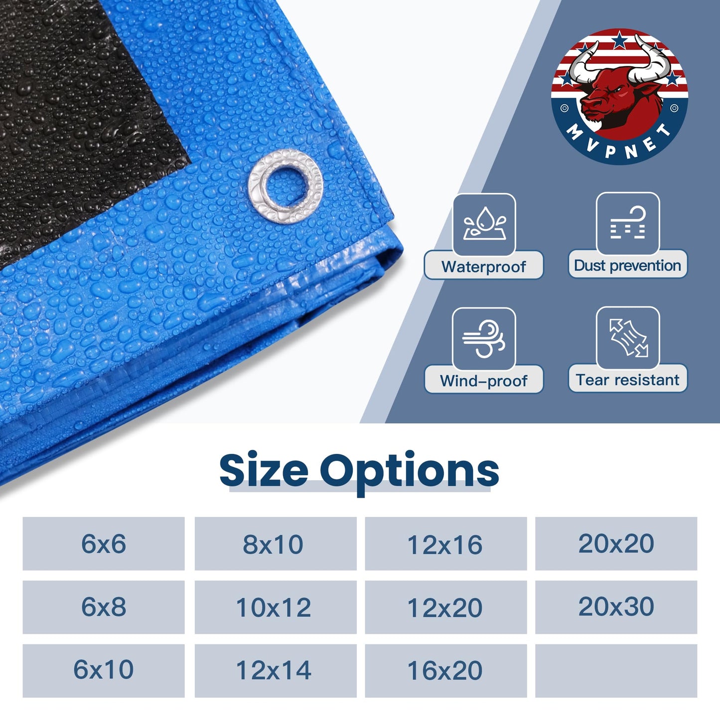 Tarp 6x6 Waterproof 7mil Blue/Black Multipurpose Tarps Uv Resistant Outdoor Tarp for Camping, Rooftops, Yards, Pools, Vehicles, Boats by-MVPNET