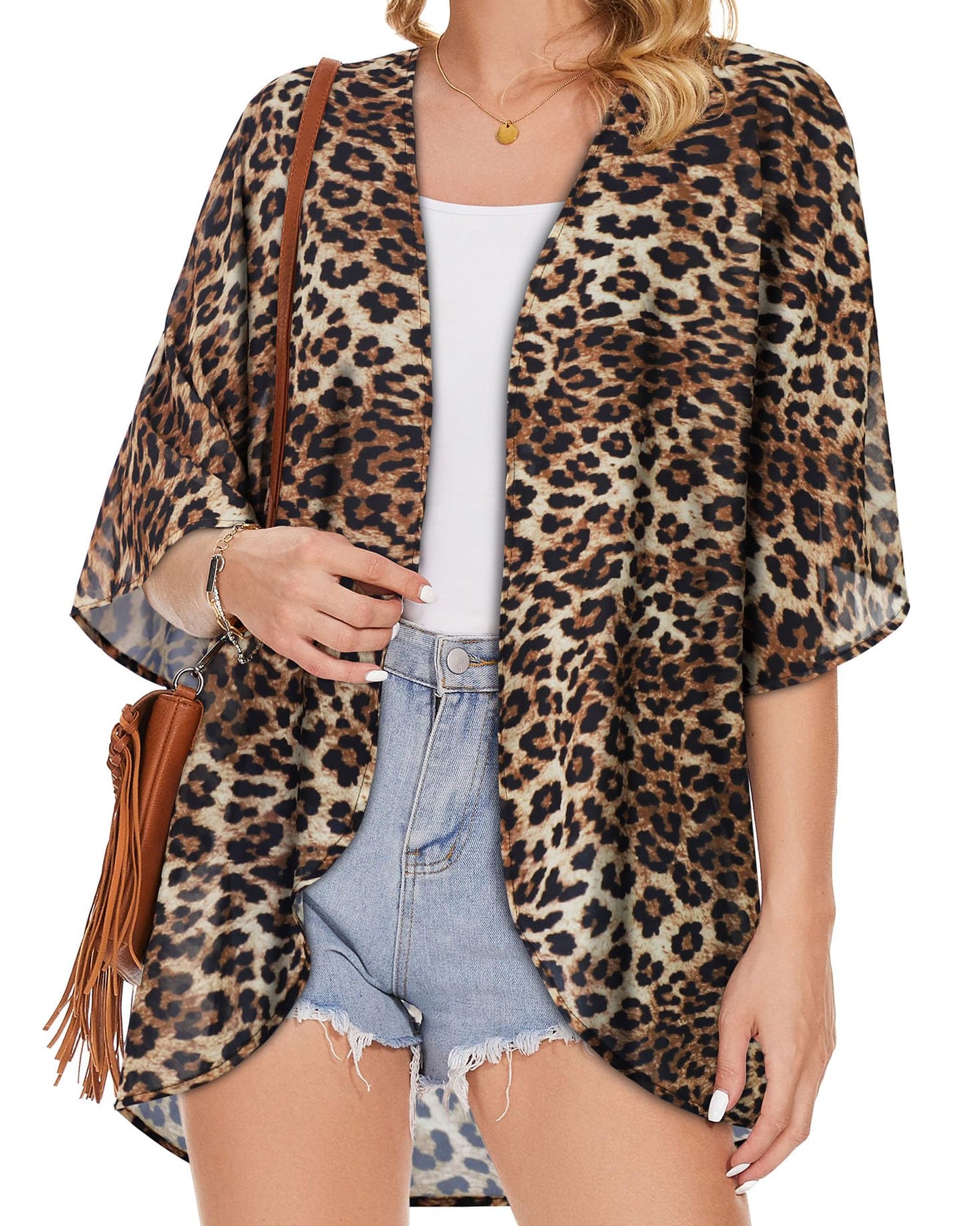 Women's Floral Kimono Print Puff Sleeve Loose Cardigan Cover Up Casual Blouse Tops (Leopard Print, XL)