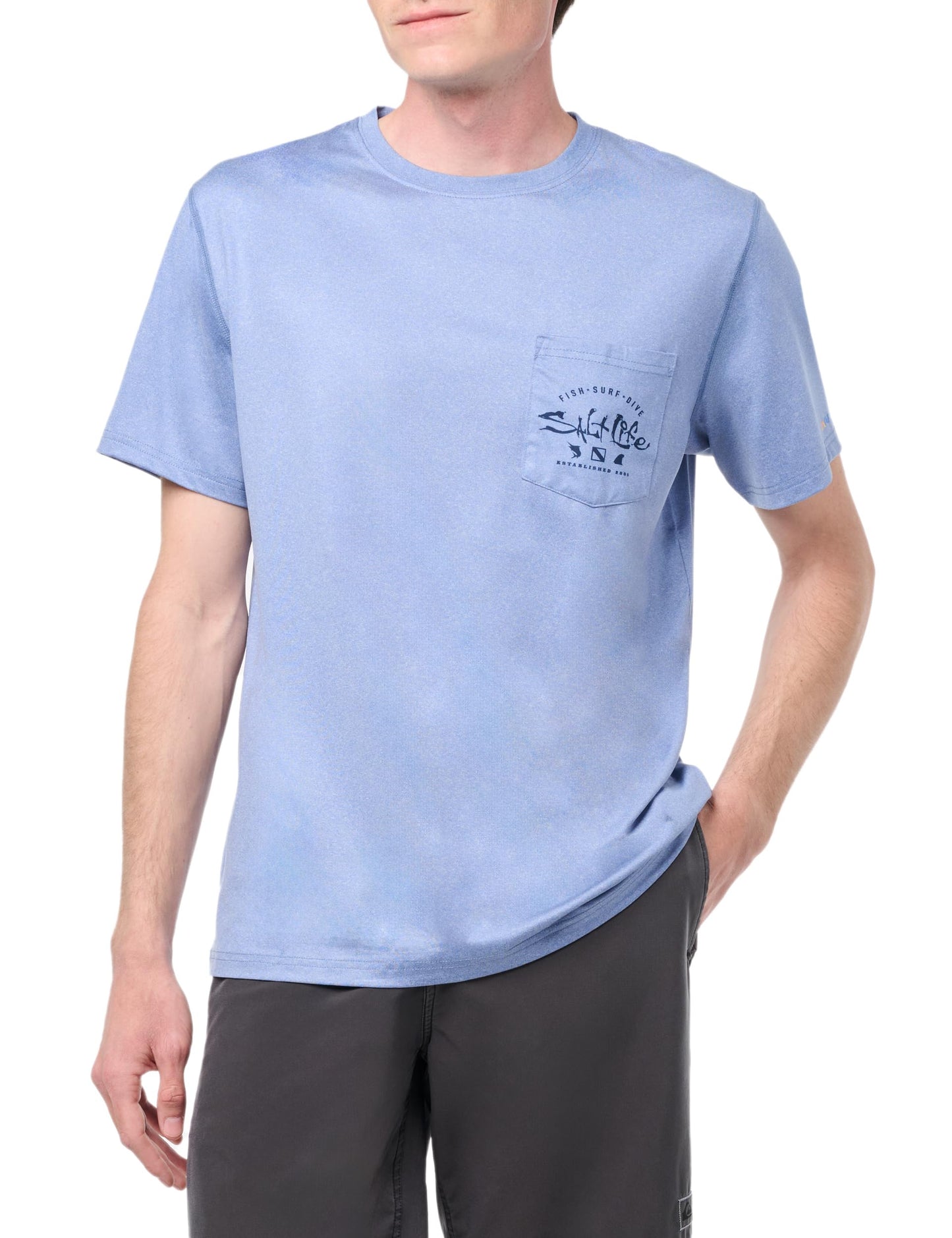 Salt Life Waterman's Trifecta Short Sleeve Performance Pocket Tee, Harbor Blue Heather, Small