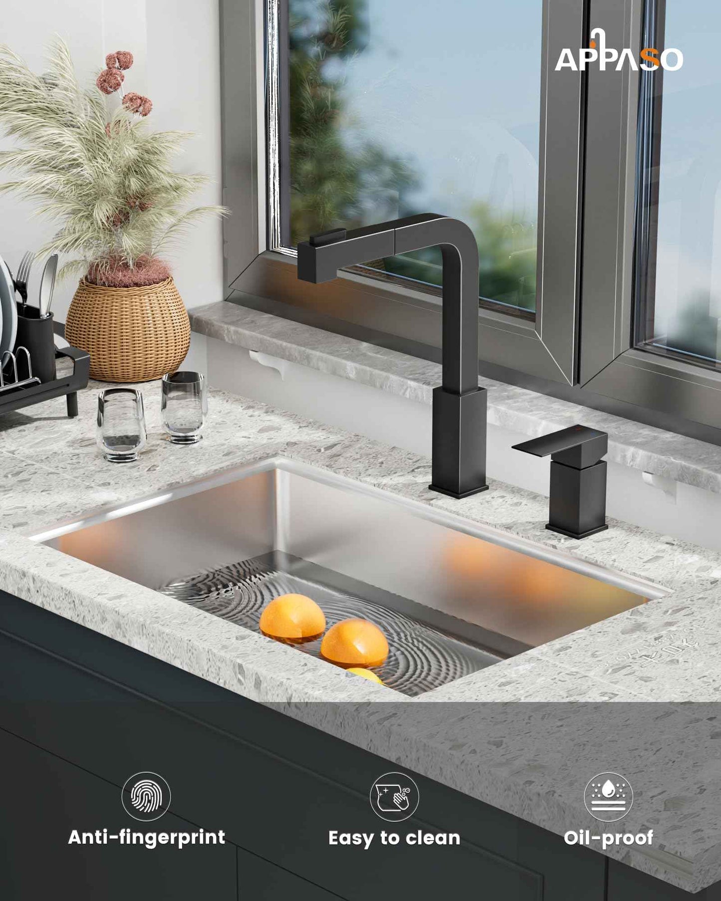 APPASO 2 Hole Kitchen Faucets, Square Kitchen Faucet with Pull Down Sprayer, Black Kitchen Faucet with Sprayer, Stainless Steel, Single Handle Faucets for Kitchen Sink