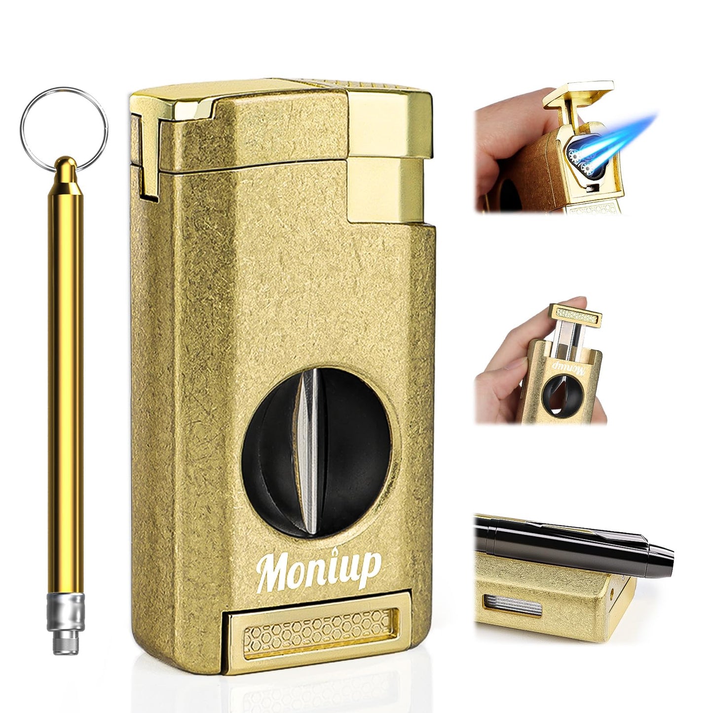 All-in-one Torch Lighter with 3 Jet Flames, Built-in V Cutter, Holder, Draw Enhancer, Multi-Functional Lighter & Accessories Gift Set for Men, Butane Refillable Lighter for Candles, Travel, Outdoors