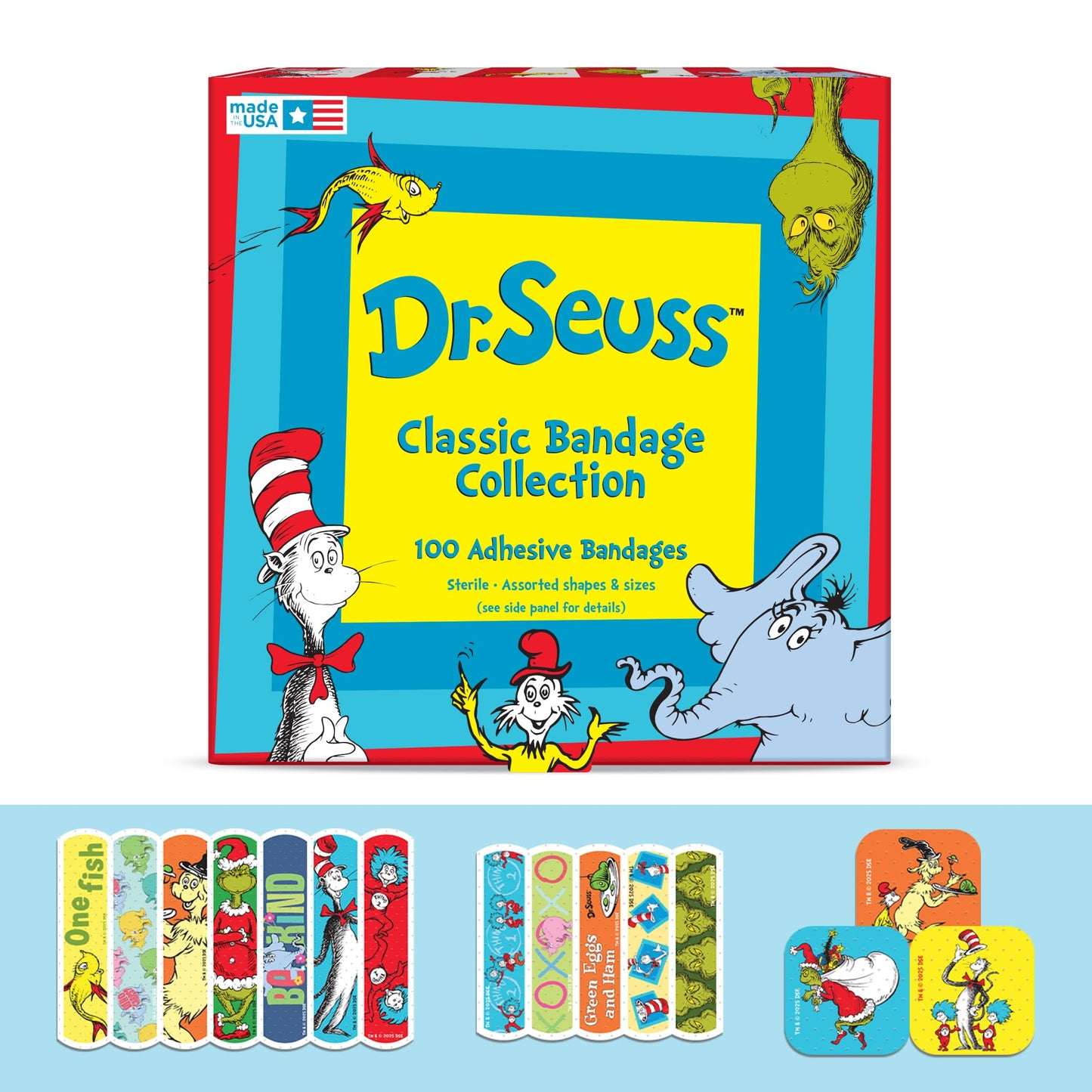 Dr. Seuss Bandages, 3 Assorted Sizes 100 CT | Flexible Adhesive Bandages for Minor Cuts, Scrapes, and Burns. Wear Like Stickers. Great Gift idea for Kids.