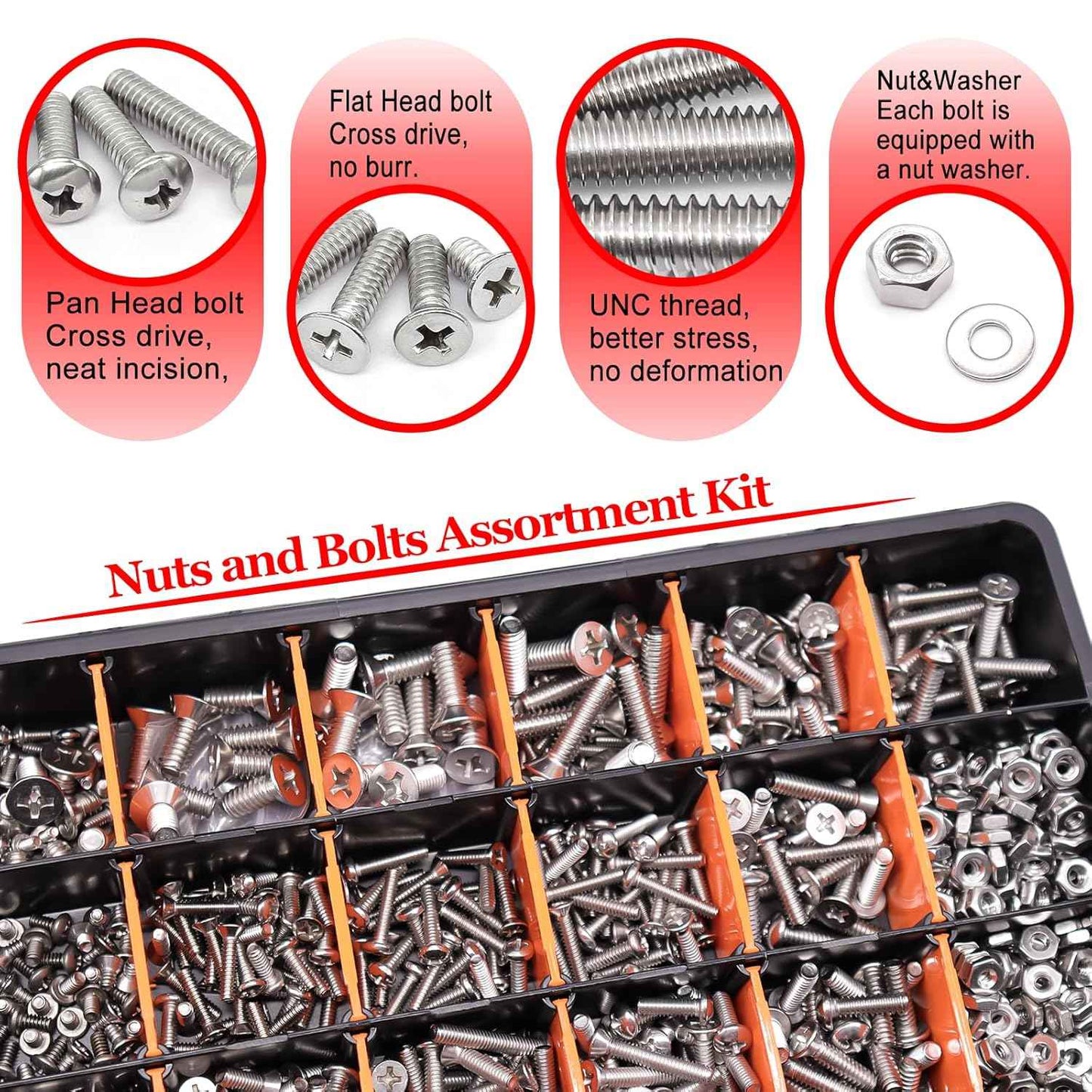 2002PCS Stainless Steel Hardware Assortment Kit - Metric & SAE Screws, Nuts, Bolts & Washers with Organizer Box