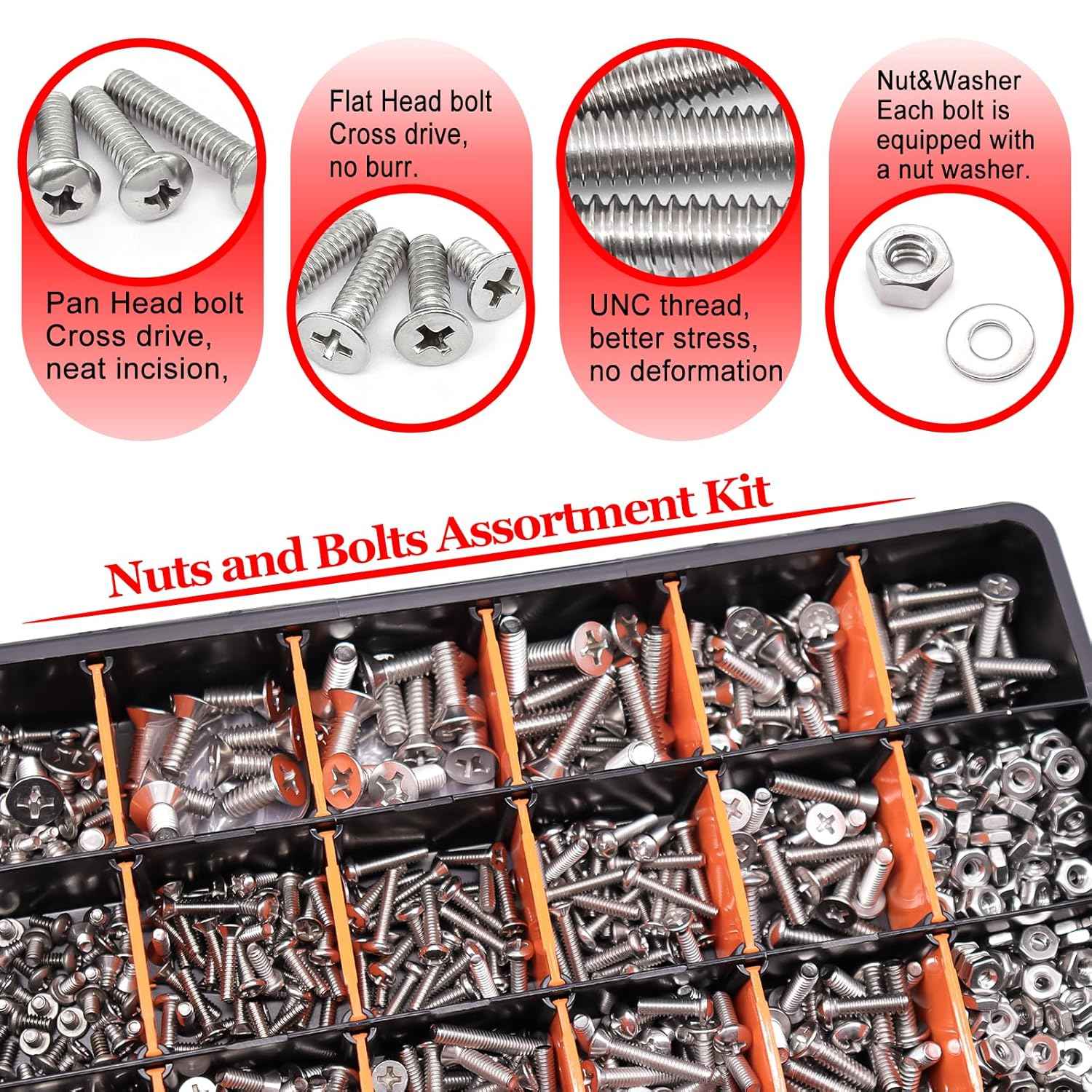 2002PCS Stainless Steel Hardware Assortment Kit - Metric & SAE Screws, Nuts, Bolts & Washers with Organizer Box