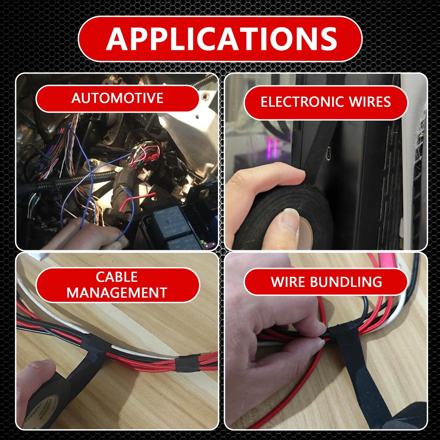 SWRT Wire Harness Tape, 3/4 Inch × 50 Feet, 6 Packs (300 Feet Total), Self-Adhesive Black Cloth Electrical Tape for Automotive Use, High Temperature Resistance Felt Tape.