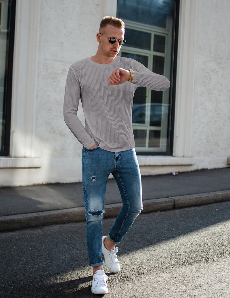 Ekouaer Men's Long Sleeve Shirts Ribbed Pullover Sweater Sim Fit Thermal Tops Crew Neck Stretchy Undershirts Light Grey L