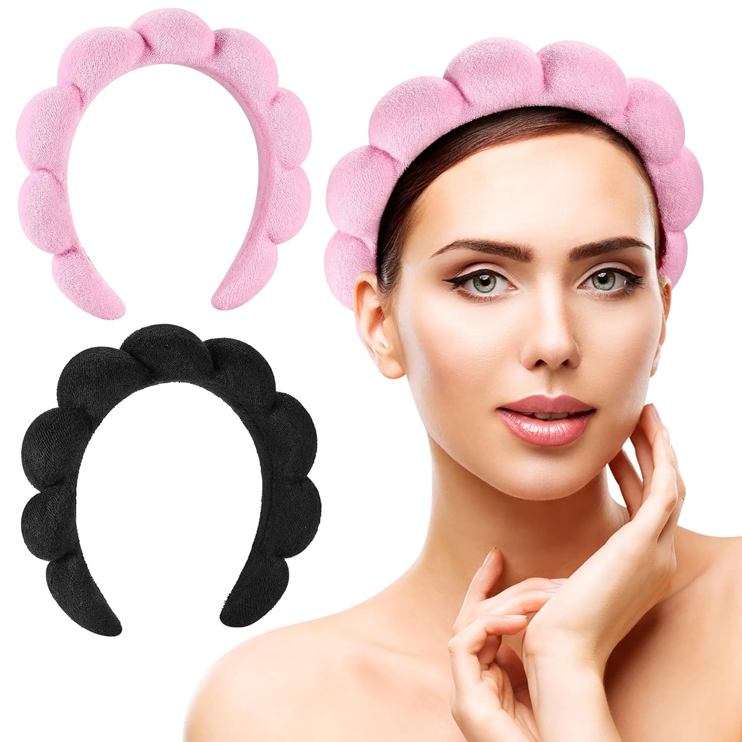 Ztomine Spa Headbands - Set of 2 Terry Cloth Face Washing Headbands for Skincare | Black & Pink